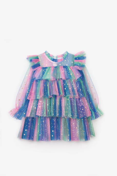 Chloe Girls’ Star Print Tiered Dress & Silver Star Crown Set