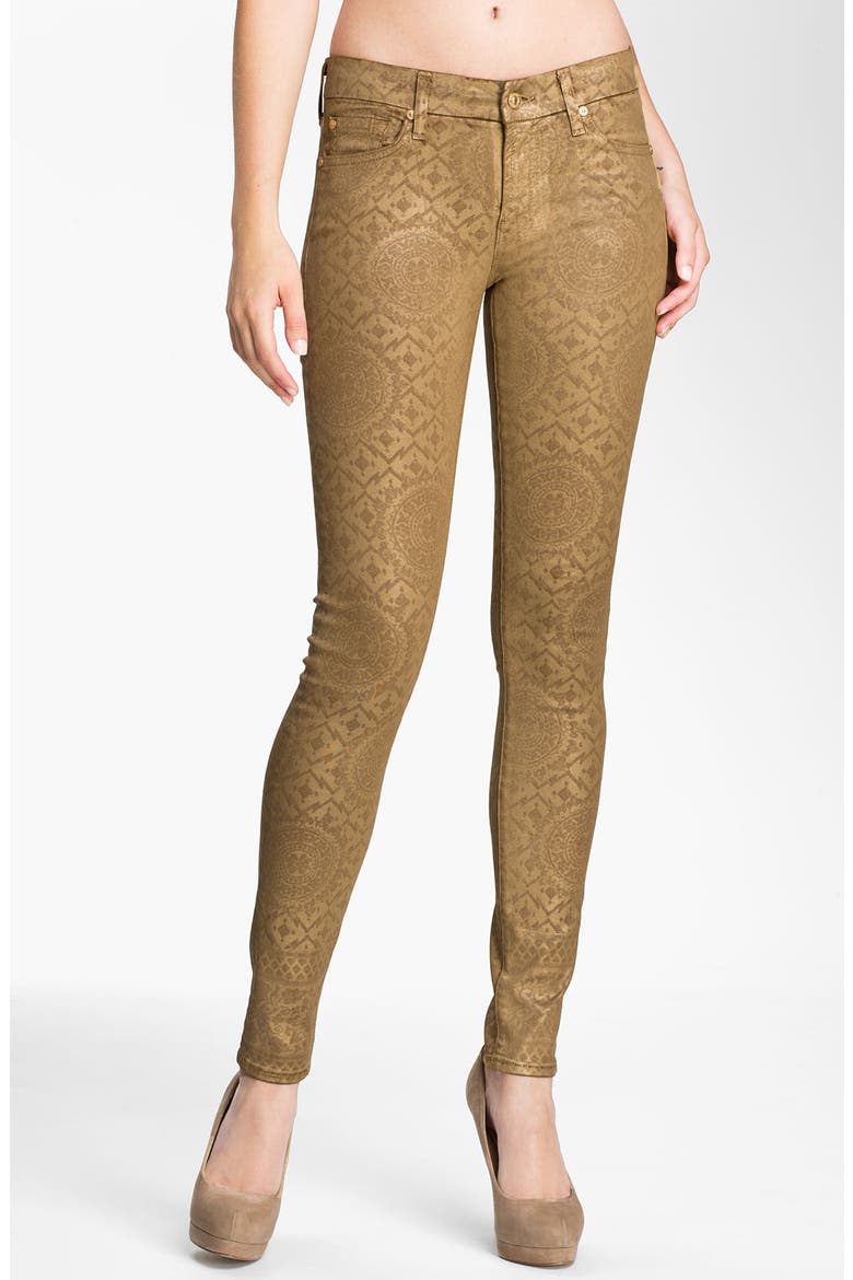 7 For All Mankind® Coated Print Skinny Jeans, Main, color, GOLD ARTISIAN
