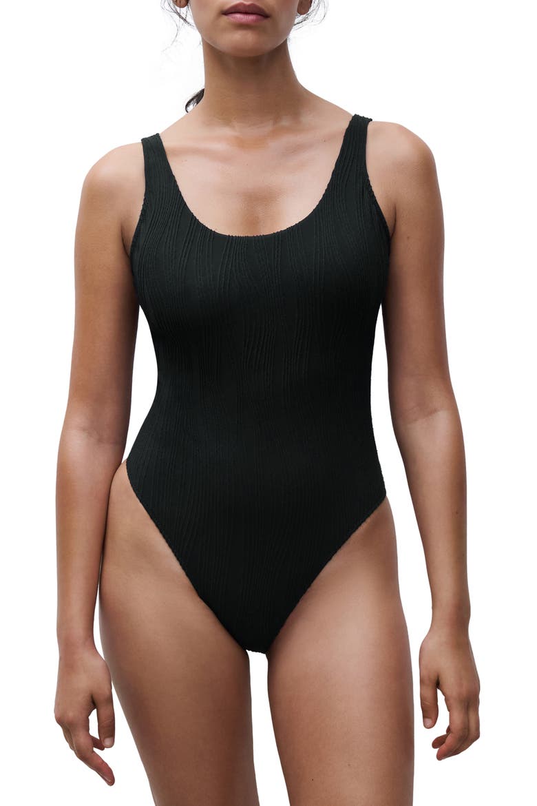 Jacquard Low Back One-Piece Swimsuit, Main, color, BLACK