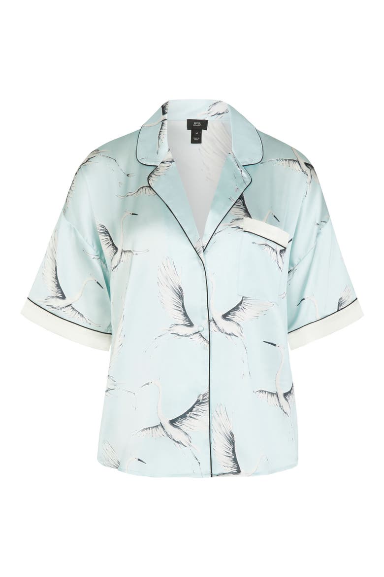 Bird Print Satin Pajama Top, Alternate, color, LIGHT BLUE