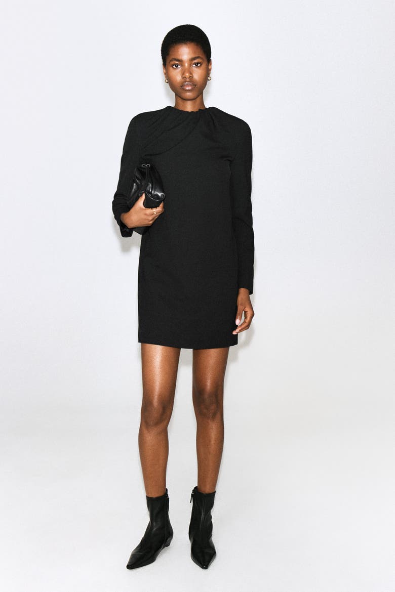 Pleated Tailored Twill Mini Dress, Alternate, color, BLACK