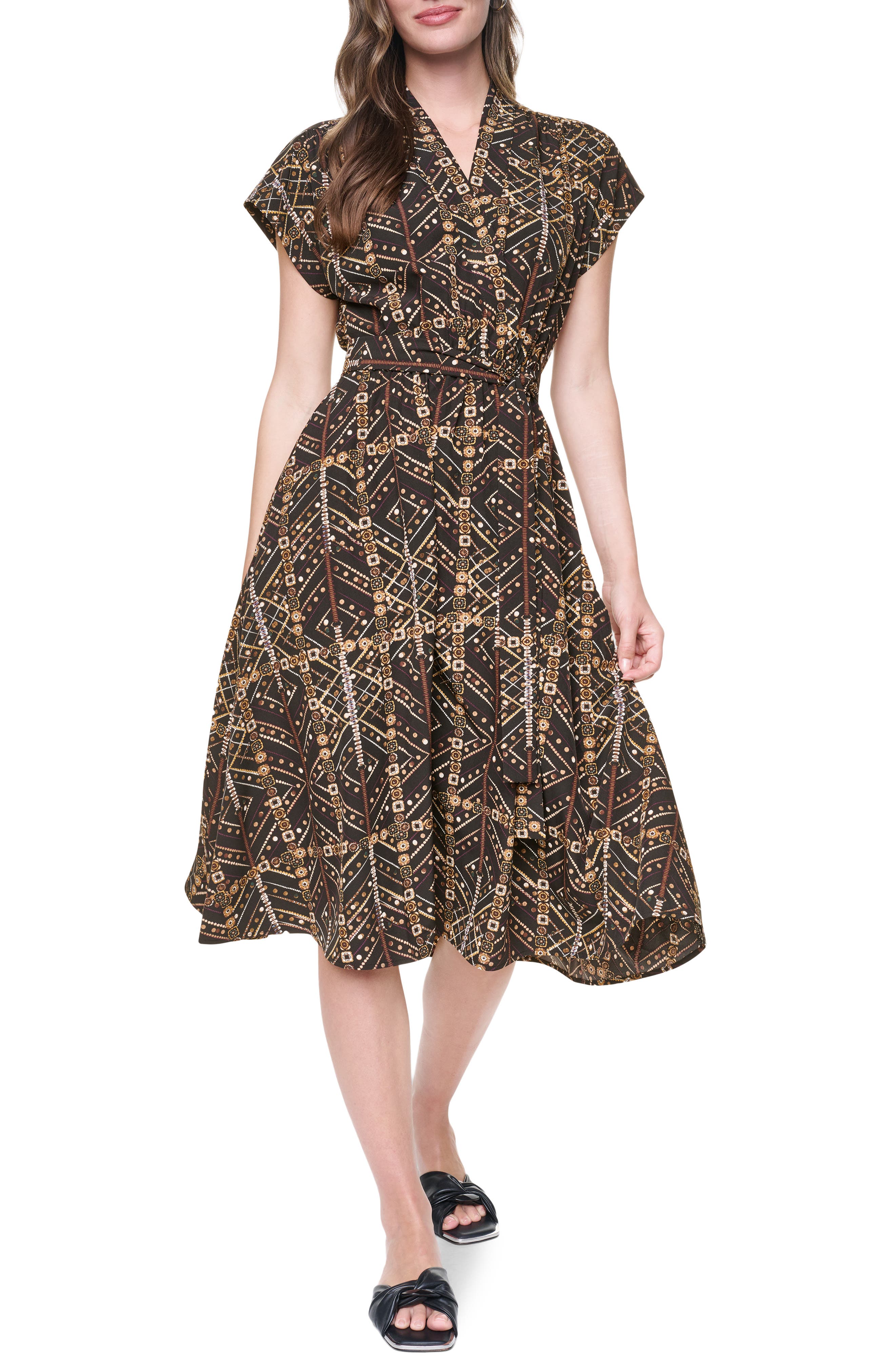 Short Sleeve Faux Wrap Midi Dress