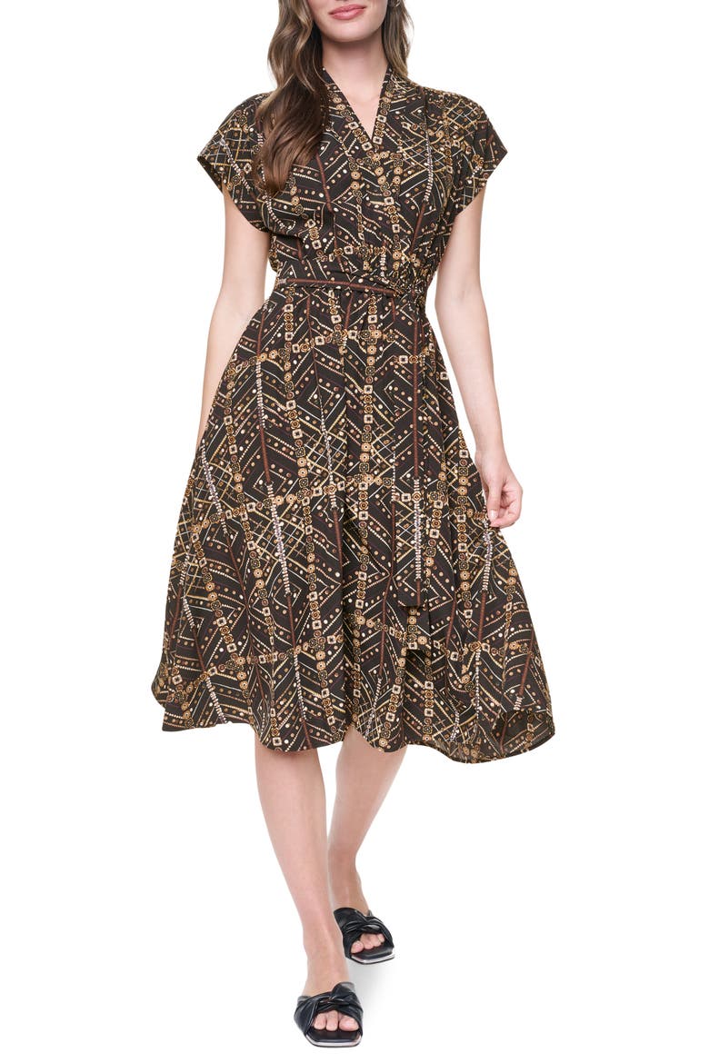 Short Sleeve Faux Wrap Midi Dress, Main, color, BLACK MULTI