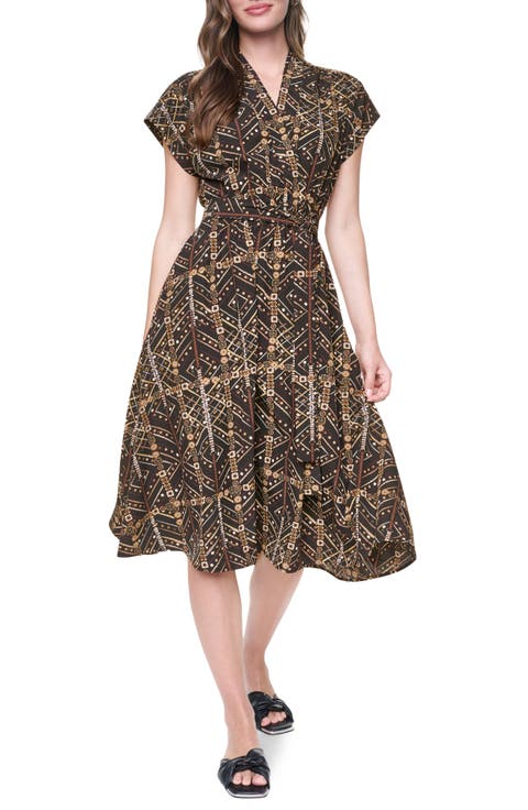 Short Sleeve Faux Wrap Midi Dress