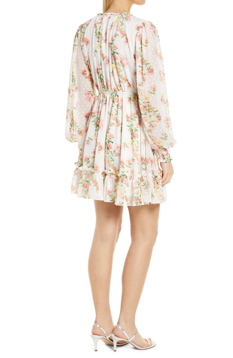 Floral Print Long Sleeve Swiss Dot Dress