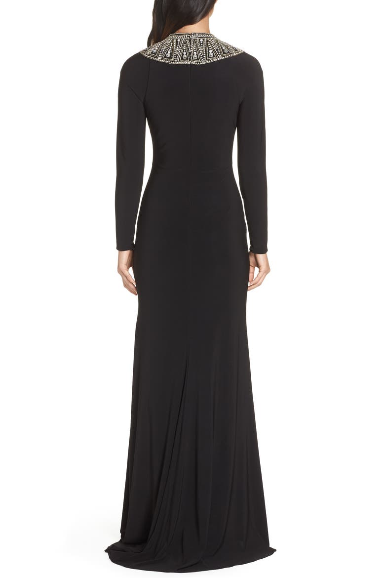 Mac Duggal Beaded Collar Long Sleeve Jersey Gown, Alternate, color, BLACK