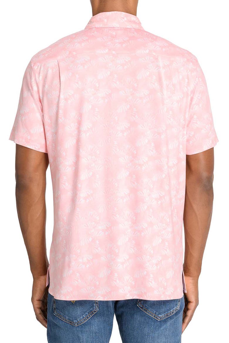 Trim Fit Floral Print Short Sleeve Button-Up Shirt, Alternate, color, CORAL