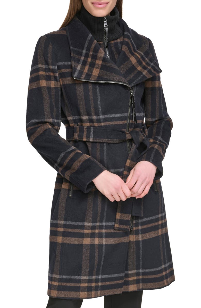 Calvin Klein Angled Zip Twill Coat, Alternate, color, Plaid Combo