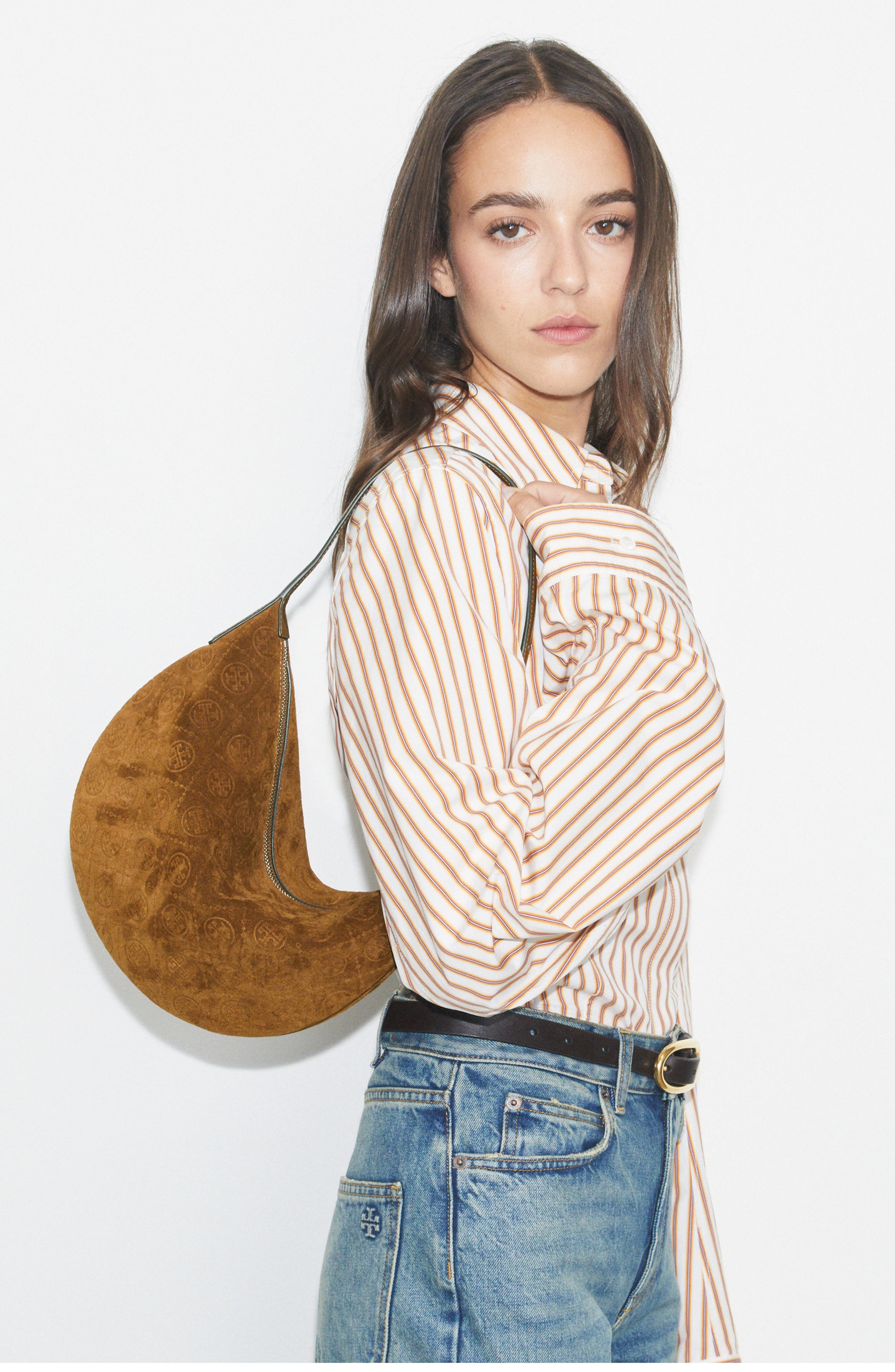 Tory Burch Small T Monogram Suede Balloon Bag, Alternate, color, Chicory Brown