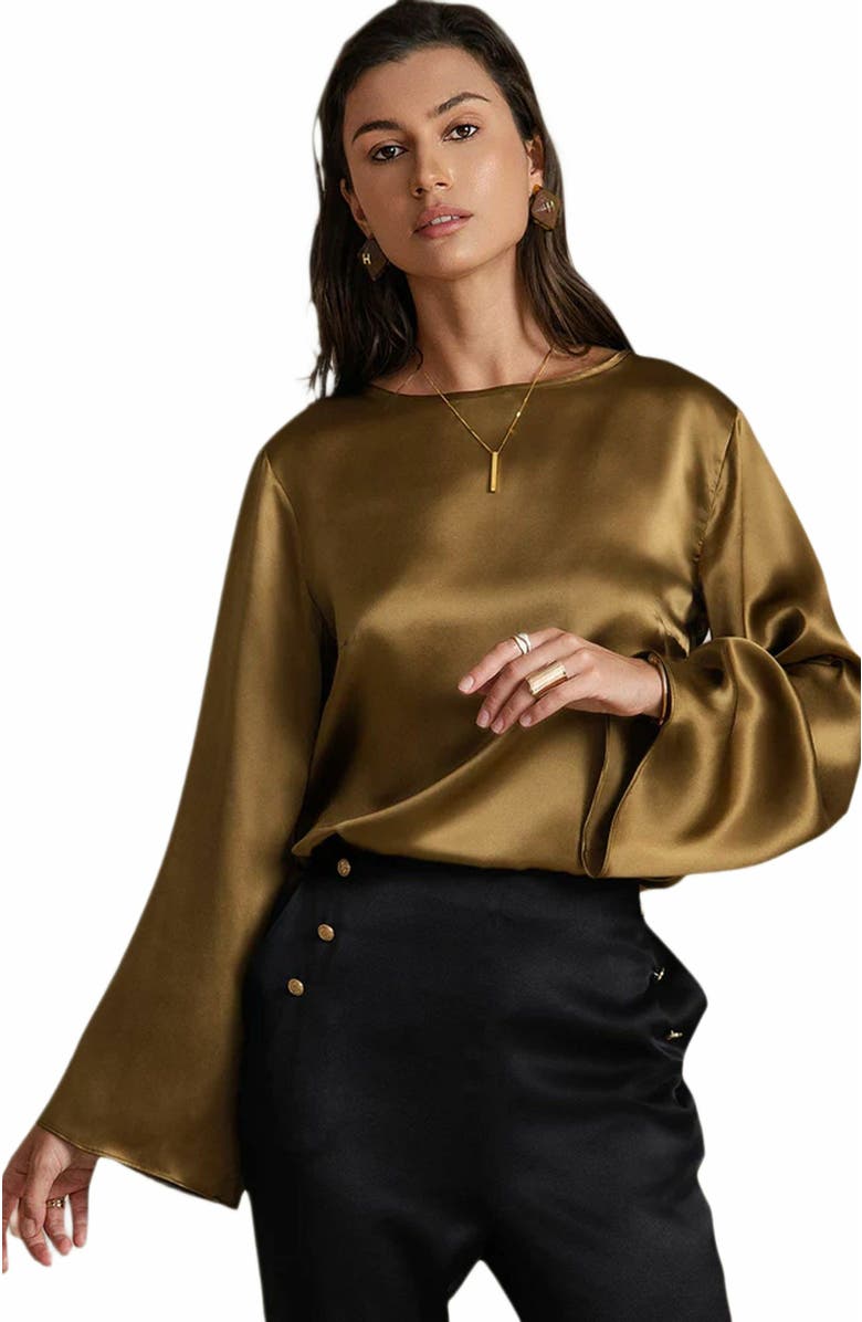 SILKSILKY 19Momme Silk Solid Color Casual Long-sleeved T-shirt, Main, color, 