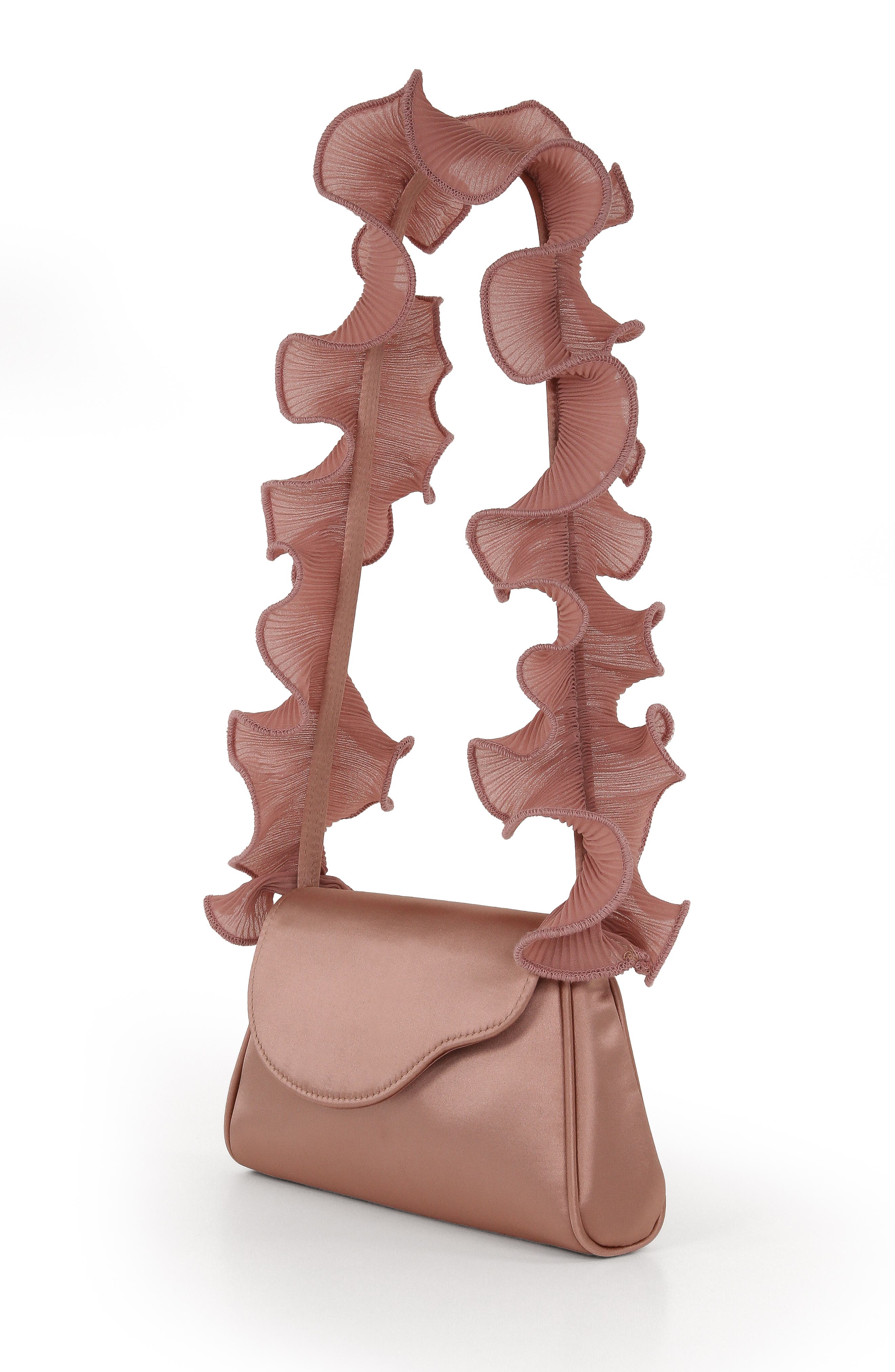 Jewel Badgley Mischka Olivia Satin Ruffle Top Pouch Clutch, Alternate, color, English Rose