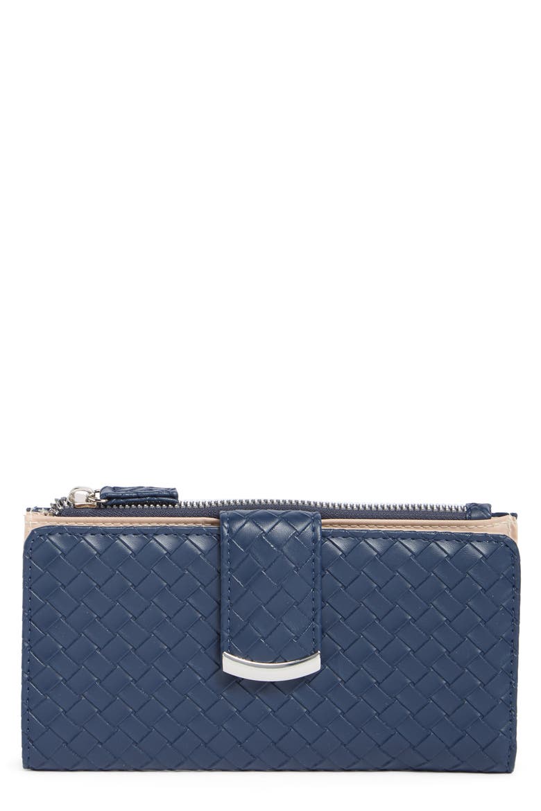Lottie Woven Faux Leather Clutch, Main, color, NAVY WOVEN