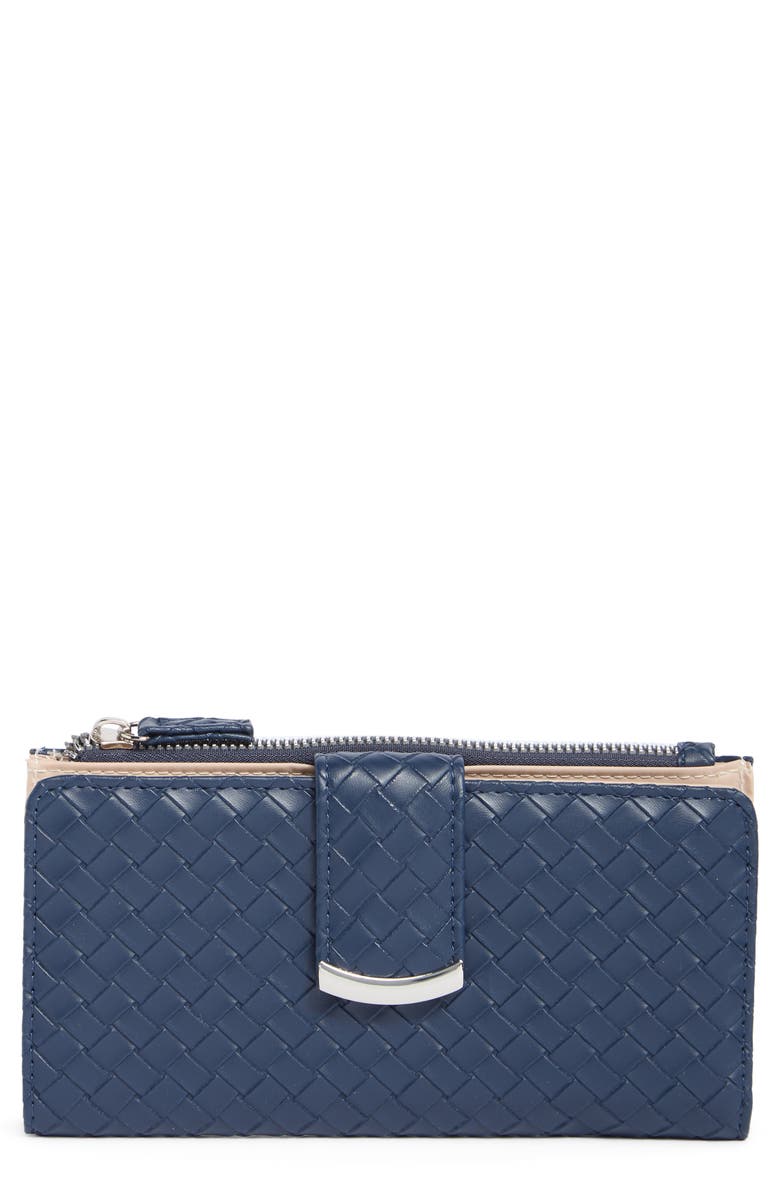 MUNDI SMALL LEATHER GOODS Lottie Woven Faux Leather Clutch, Main, color, Navy Woven