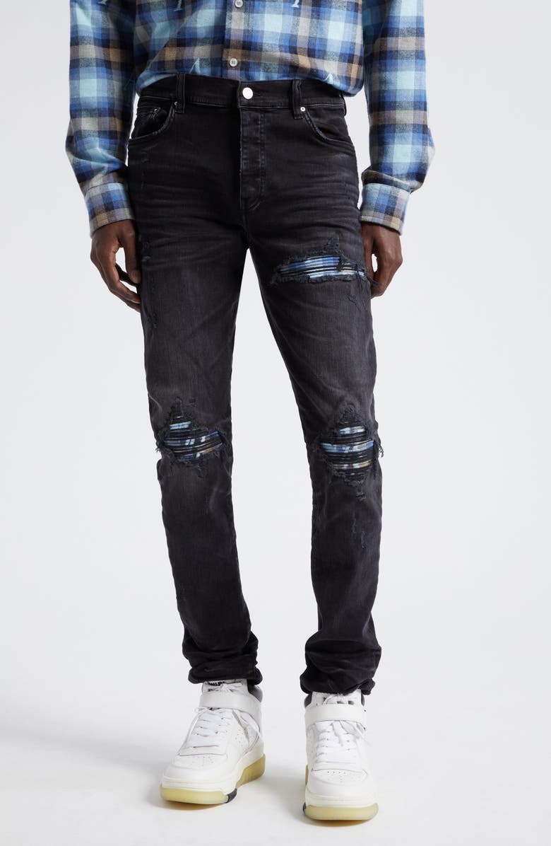 AMIRI MX1 Plaid Ripped & Patched Stretch Skinny Jeans, Main, color,