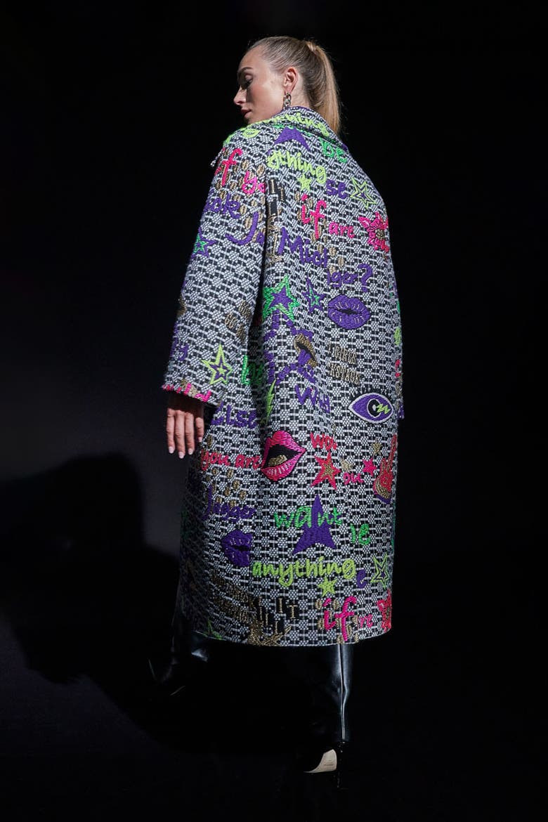 Long Tweed Jacquard Coat, Alternate, color, Black / Multicolour