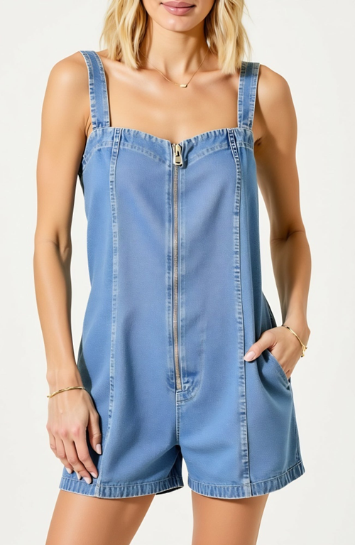 Modenaire Denim Zip-front Romper With Wide Straps And Side Pockets In Blue