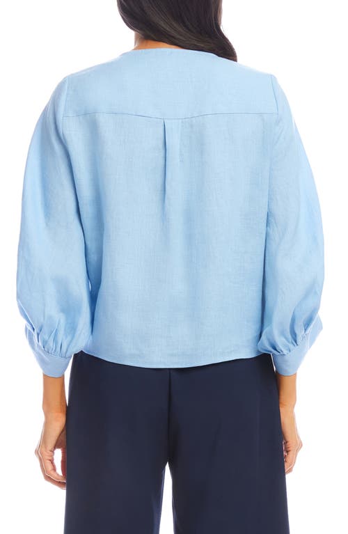 Karen Kane Blouson Sleeve Linen Tie Front Top In Lake