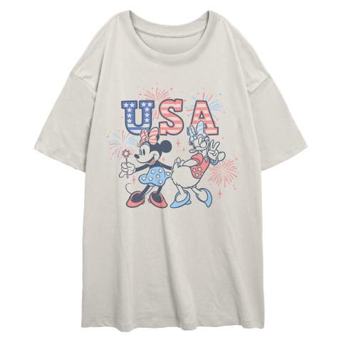 Junior's Minnie And Daisy Fireworks Short Sleeve Oversized T-shirt