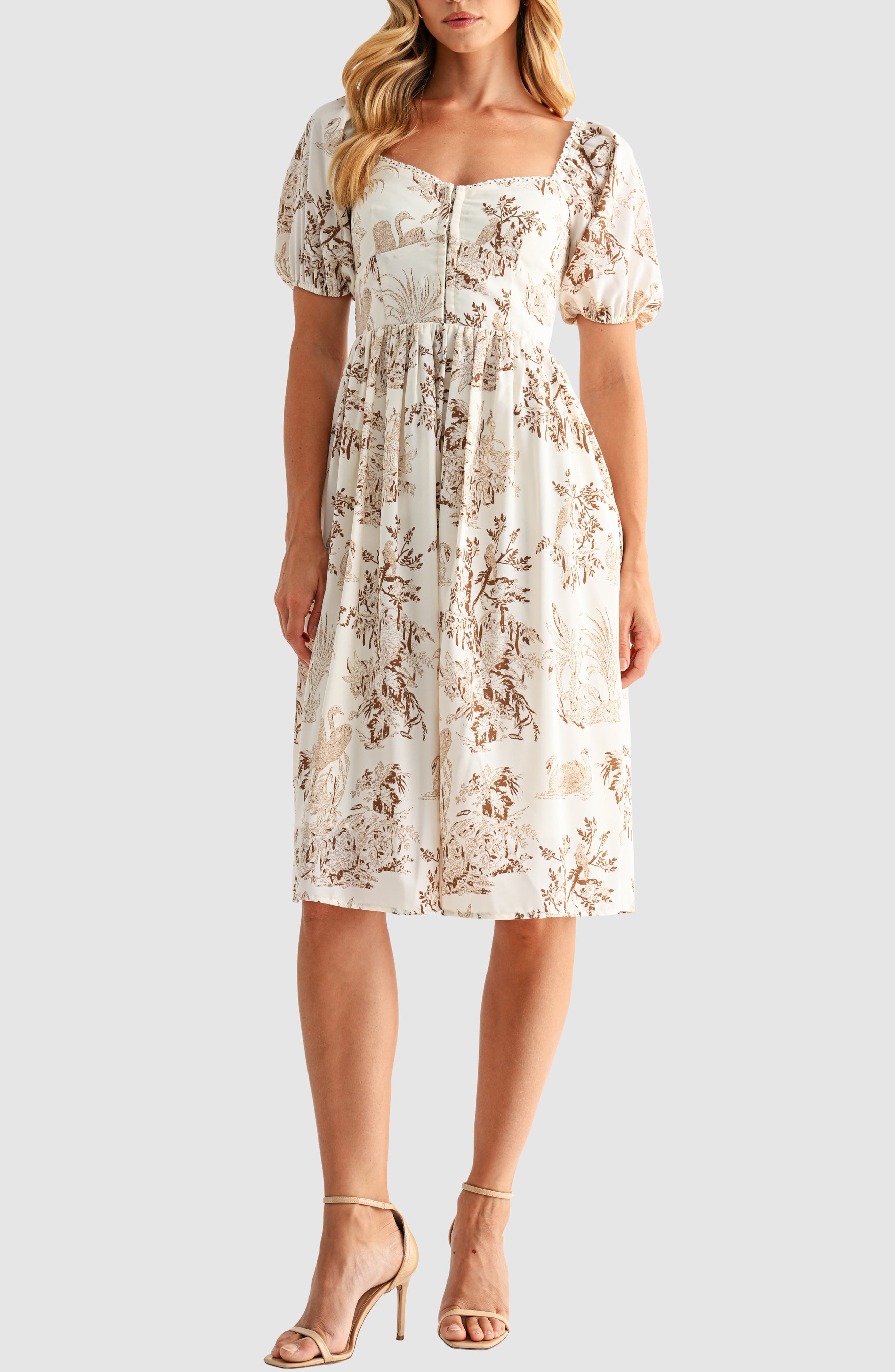 Lush Puff Sleeve Lace Trim Midi Dress