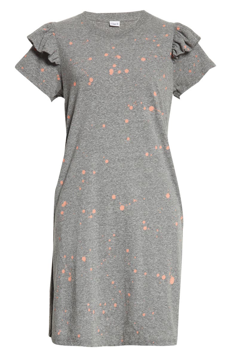 Clare V. Ruffle Shoulder Dot Cotton T-Shirt Dress, Alternate, color,