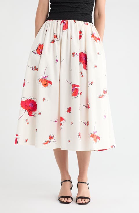 Floral Print Stretch Cotton Midi Skirt