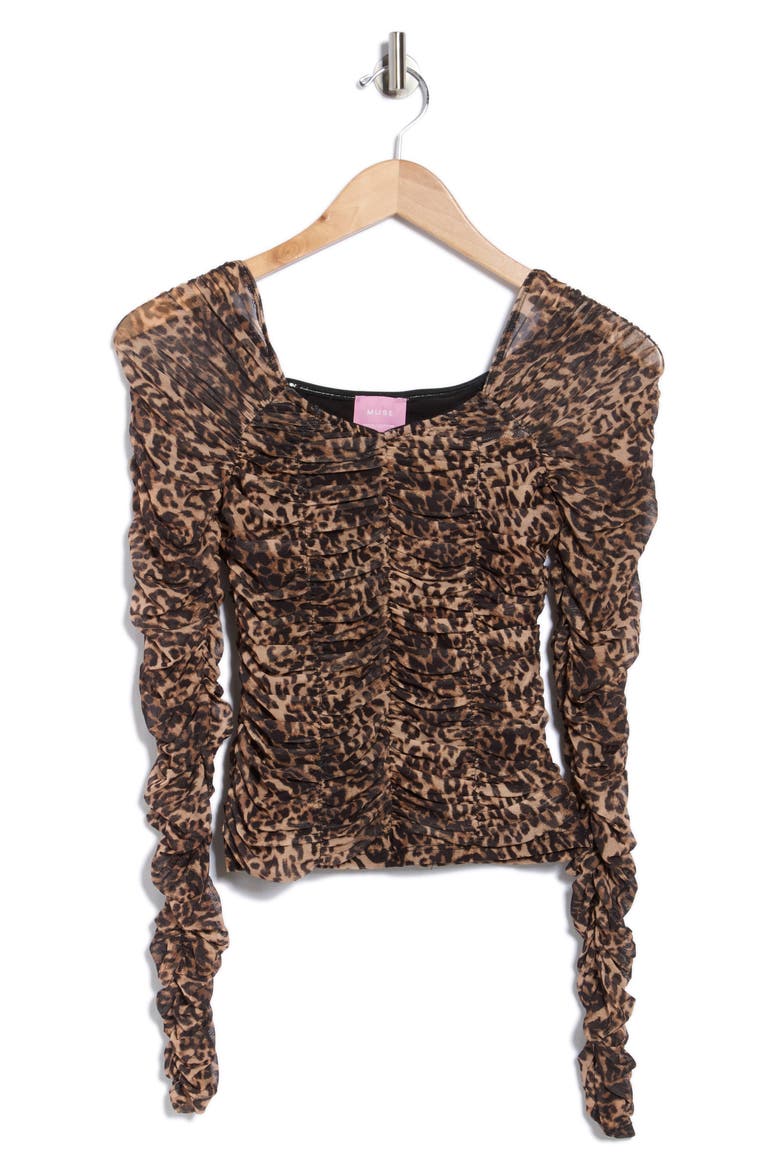 Ruched Mesh Top, Alternate, color, BROWN/ BLACK LEOPARD