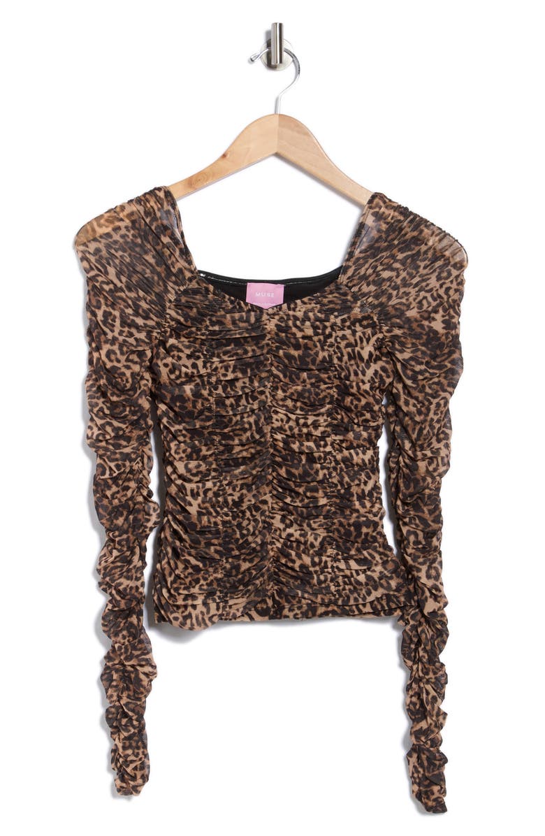 Muse Ruched Mesh Top, Alternate, color, Brown/ Black Leopard