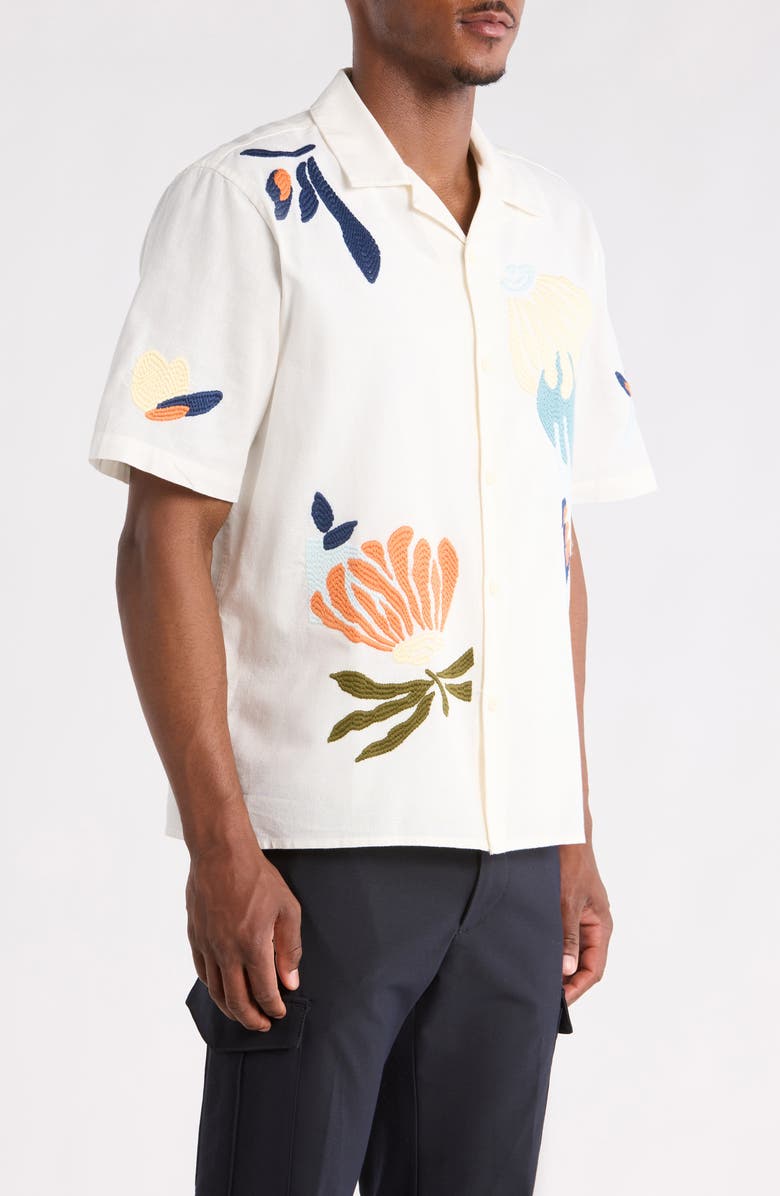 Wax London Didcot Embroidered Cotton & Linen Camp Shirt, Alternate, color, Ecru / Multi