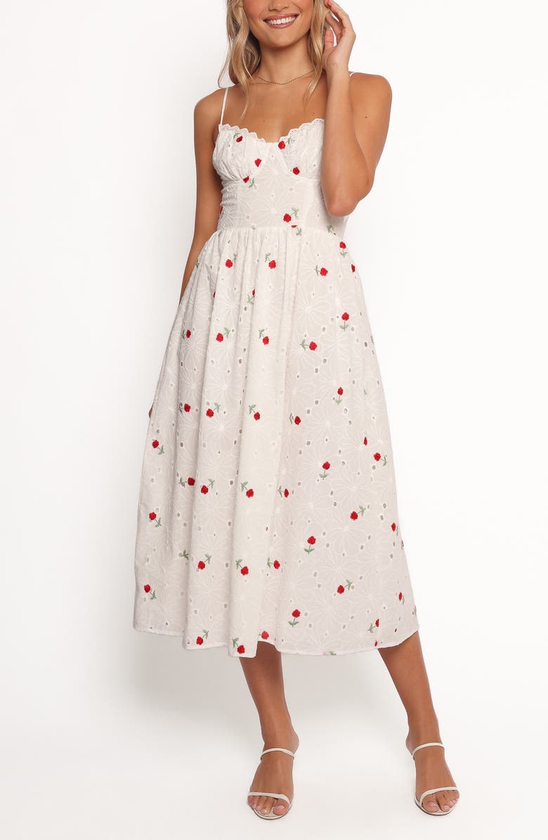 Petal & Pup Paloma Embroidered Eyelet Midi Dress, Main, color, White Red Floral