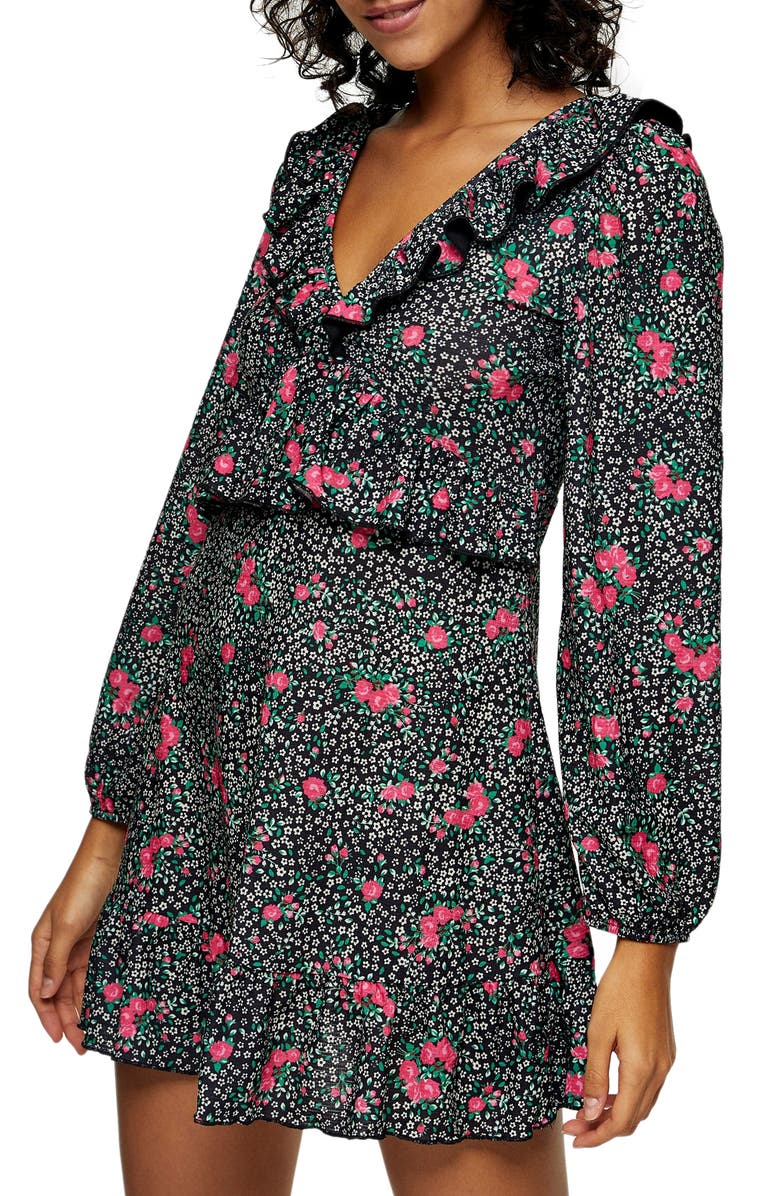 Topshop Double-V Long Sleeve Jersey Minidress, Main, color,