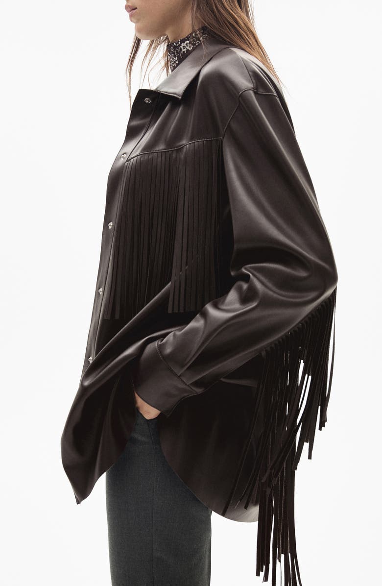 MANGO Oversize Fringe Trim Faux Leather Overshirt, Alternate, color, 