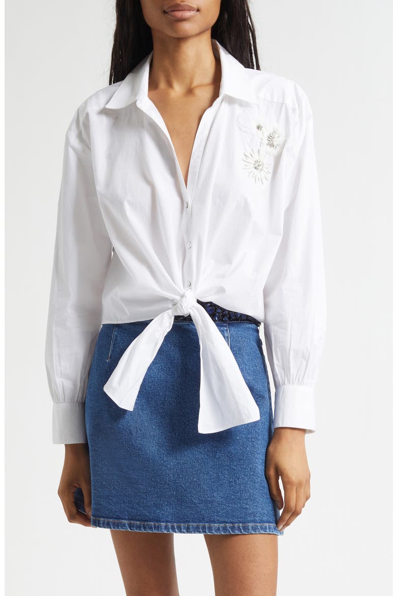 Marianna Crunchy Flower Appliqué Tie Front Shirt, Main, color, WHITE