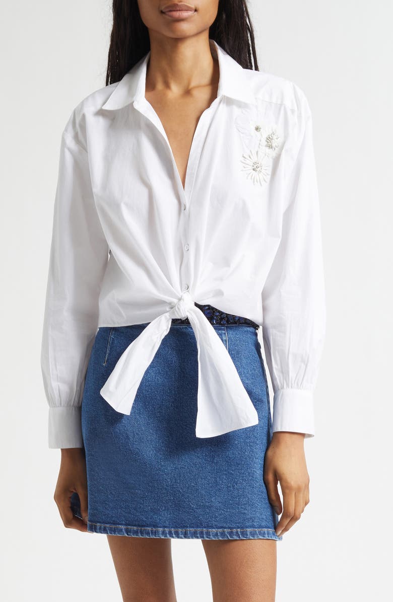 Cinq à Sept Marianna Beaded Floral Appliqué Tie Front Shirt, Main, color, White