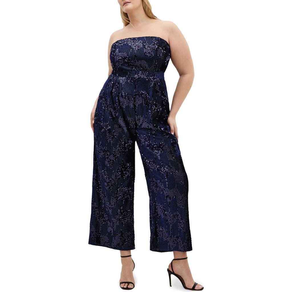 City Chic Sequin Sleeveless Wide Leg Jumpsuit In Blue