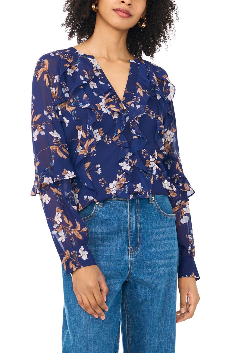 Floral Ruffle Long Sleeve Top, Main, color, BLUE DEPTHS