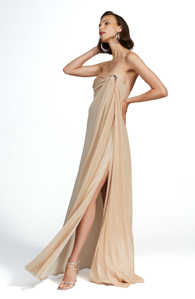 HALSTON Oyster Strapless Chiffon Gown, Alternate, color, Oyster