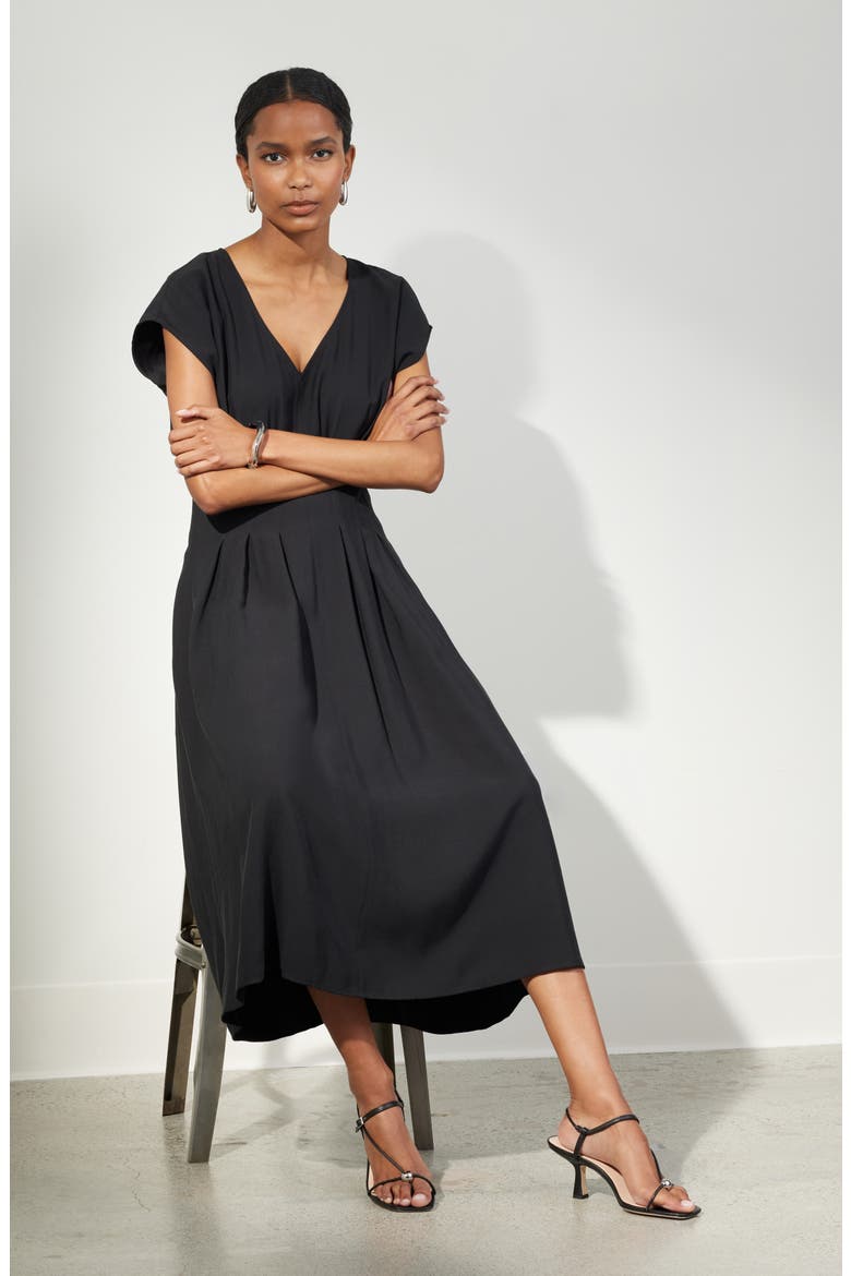 Pleated Midi Dress, Alternate, color, BLACK