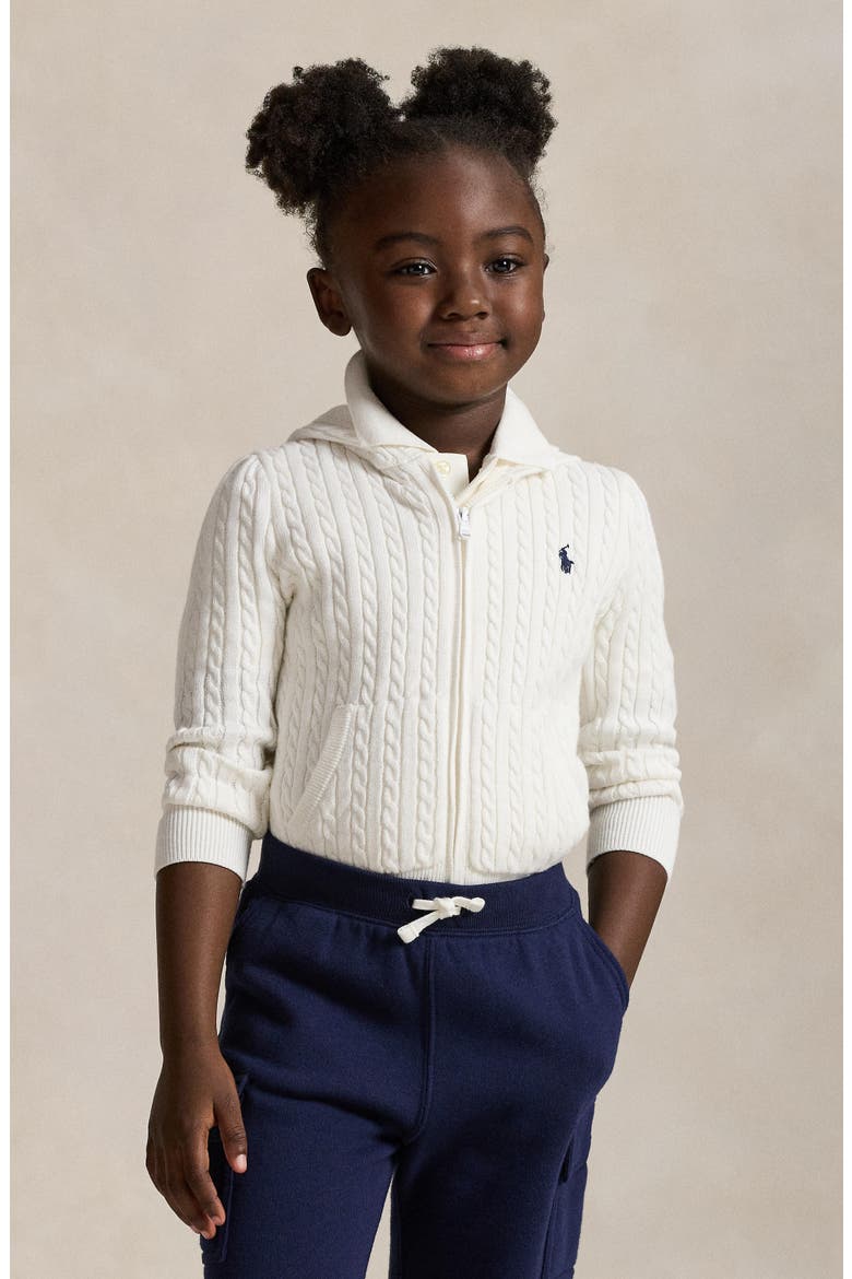 Kids' Cable Knit Cotton Zip Hoodie, Alternate, color, WHITE