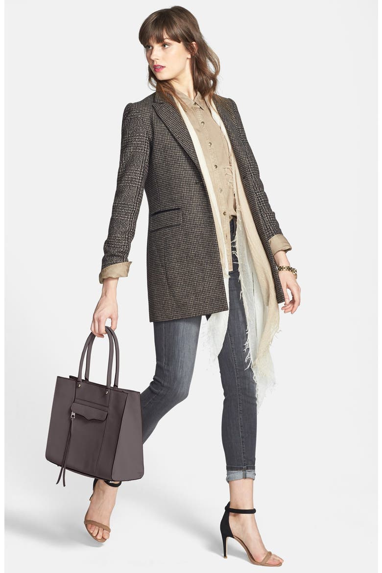 Tweed Single Breasted Reefer Coat, Alternate, color, TAUPE/ BLACK