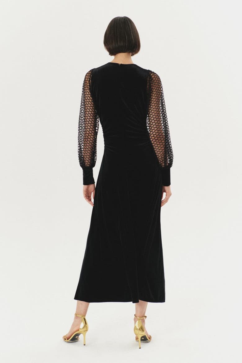 Stretch Lace Sleeve Midi Velvet Dress, Alternate, color, BLACK