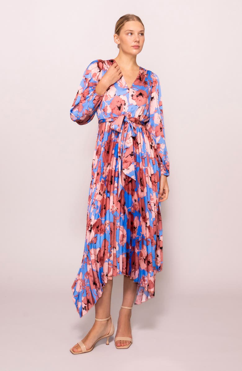 MELLODAY Pleated Asymmetrical Maxi Dress, Alternate, color, Blue Blush Floral