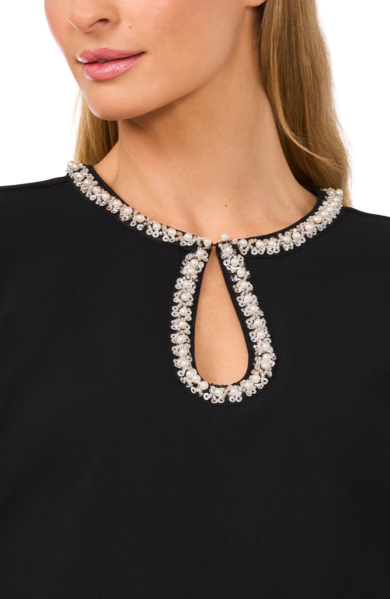CeCe Rhinestone & Faux Pearl Keyhole Neck Short Sleeve Crepe Top, Alternate, color, 