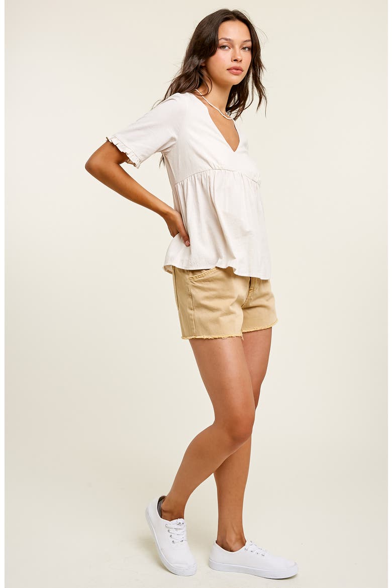 V-Neck Elbow-Length Sleeve Babydoll Top, Alternate, color, SAND