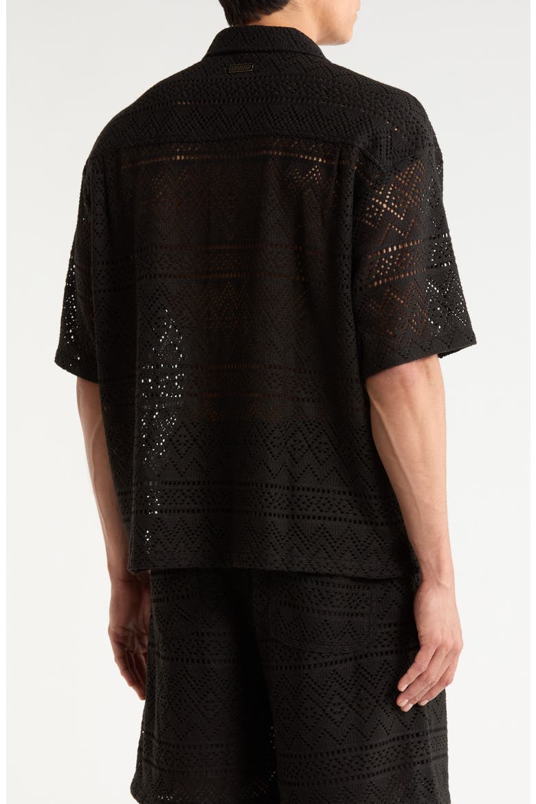 Pointelle Crochet Button-Up Camp Shirt, Main, color, BLACK
