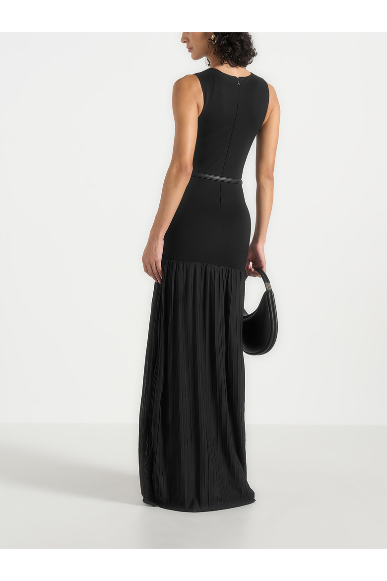 Emma Crew Neck Belted Pleated Maxi Dress, Alternate, color, Black