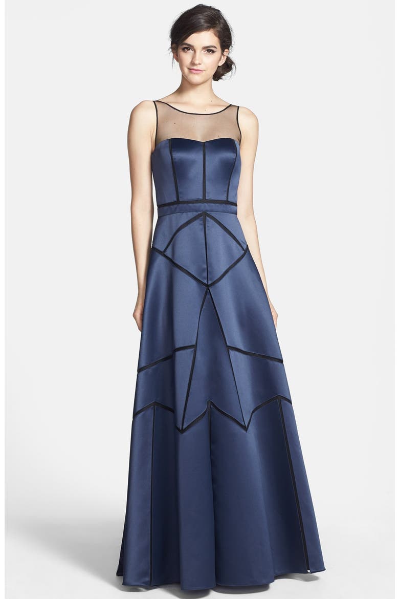 Illusion Neck Seam Detail Satin Gown, Main, color, TWILIGHT