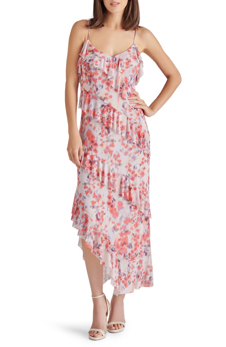 Steve Madden Aida Floral Print Ruffle Sleeveless Asymmetric Midi Dress, Main, color, 