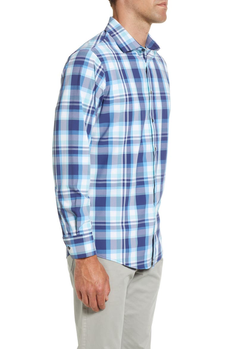 Men's Leeward Trim Fit Plaid Performance Button-Up Shirt, Alternate, color, NAVY AQUA MULTI LARGE PLAID