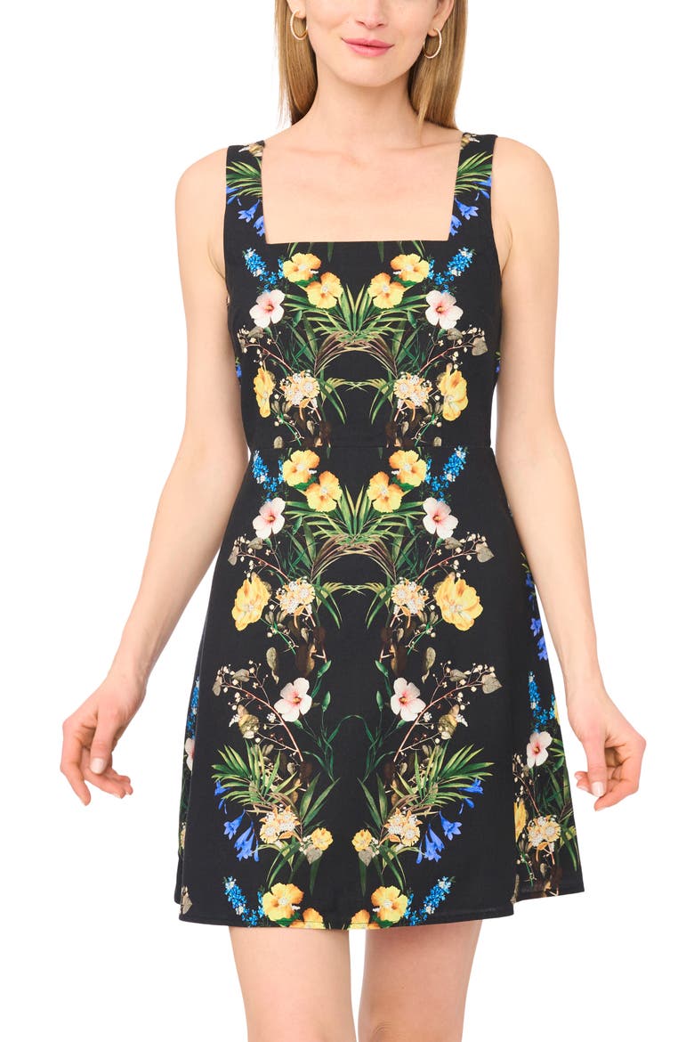Floral Linen Blend Minidress, Alternate, color, RICH BLACK