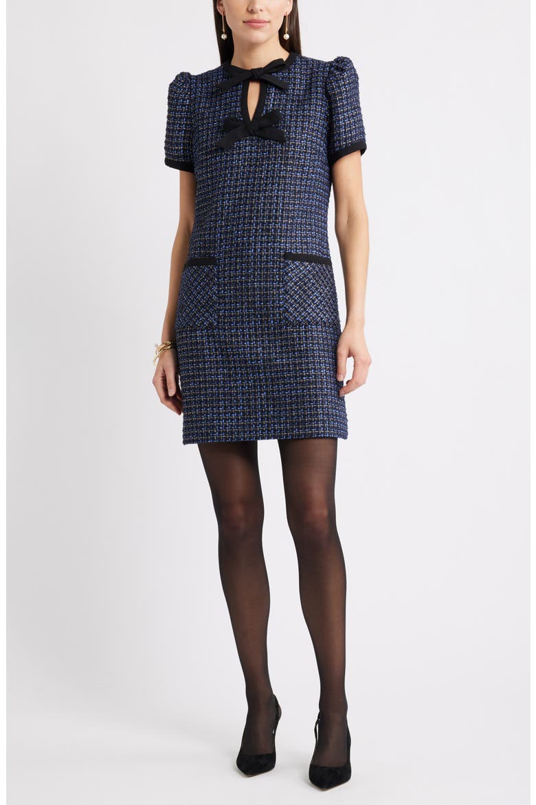 Double Tie Neck Tweed Minidress, Main, color, NAVY- BLUE TWEED